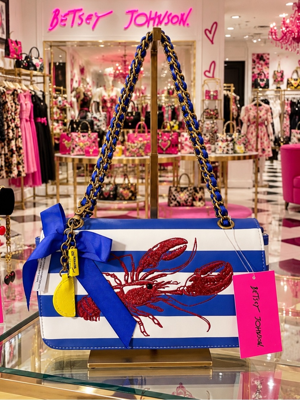 Betsey Johnson Blue White Striped Lobster Shoulder Bag with Red Applique